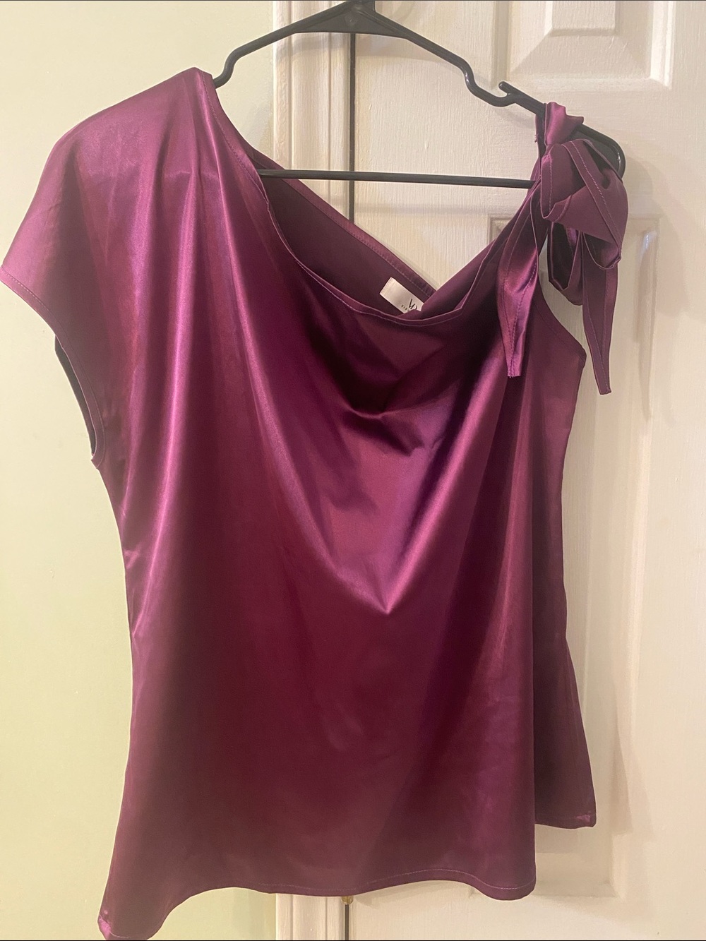 Amazon Satin One-Shoulder Bow Cowl Neck Top in Plum